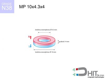 magnes neodymowy pierścieniowy MP 10x4.3x4 N38  MP 10x4.3x4 N38 magnes neodymowy pierścieniowy