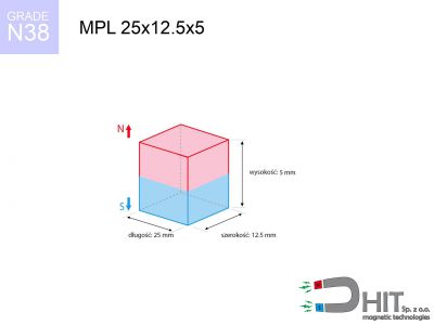 magnes neodymowy płytkowy MPL 25x12.5x5 N38  MPL 25x12.5x5 N38 magnes neodymowy płytkowy