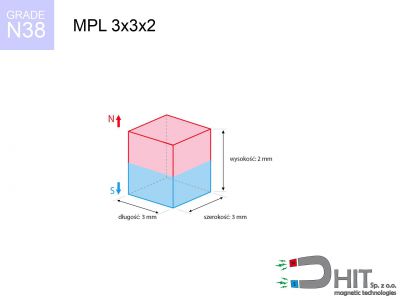 magnes neodymowy płytkowy MPL 3x3x2 N38  MPL 3x3x2 N38 magnes neodymowy płytkowy