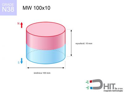 magnes neodymowy walcowy MW 100x10 N38  MW 100x10 N38 magnes neodymowy walcowy