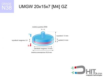 UMGZ 20x15x7 [M4] GZ N38 uchwyt magnetyczny gwint zewnętrzny
