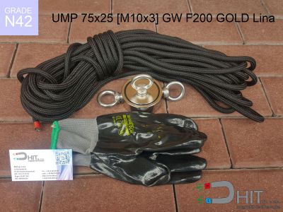 UMP 75x25 [M10x3] GW F200 GOLD Lina N42 - uchwyty magnetyczne do szukania w wodzie